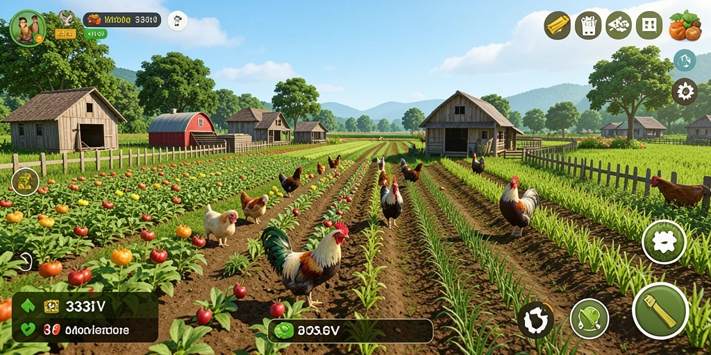 Screenshot 333V menunjukkan gameplay bertani yang seru dan interaktif.