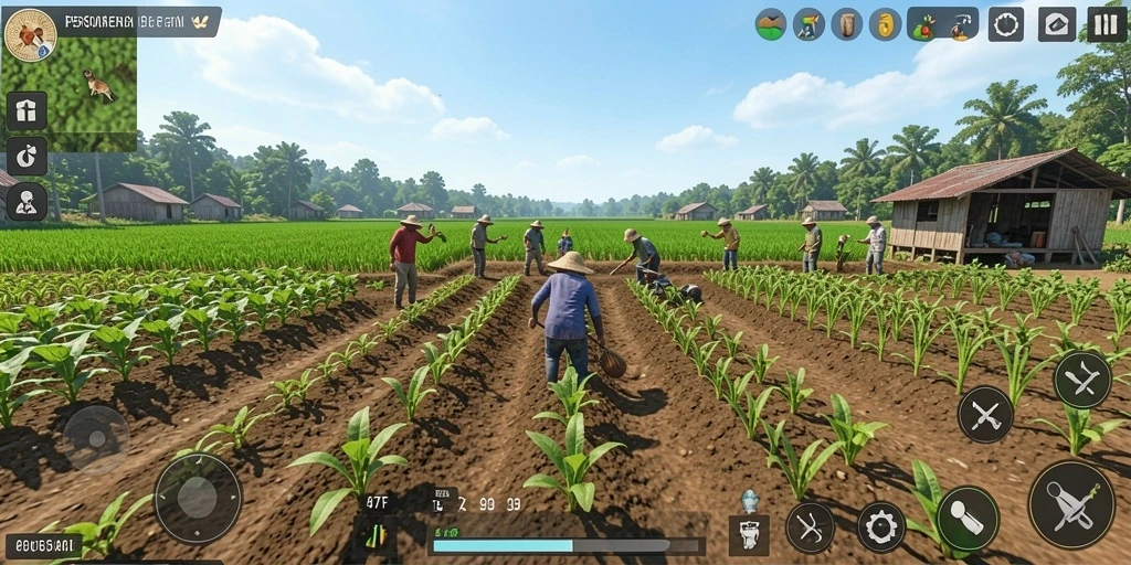 Screenshot gameplay 47F dengan pemandangan ladang yang indah.