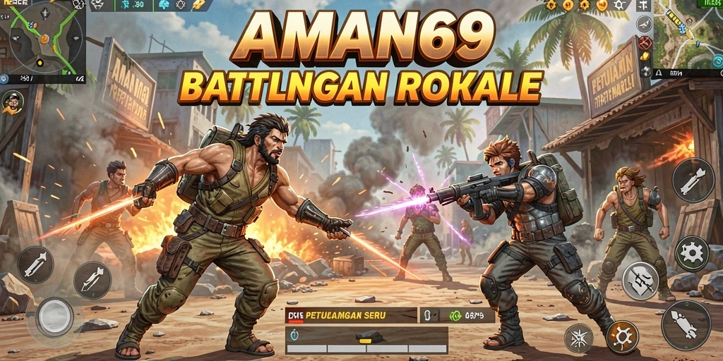 Screenshot utama AMAN69 menampilkan aksi pertempuran seru dalam mode Battle Royale.