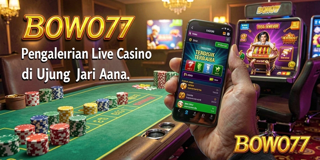 Screenshot gameplay BOWO77 menunjukkan dealer langsung dan suasana kasino yang mendebarkan.