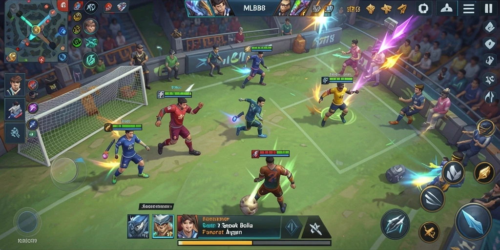 Screenshot gameplay <strong>MLBB8</strong> yang menampilkan aksi di lapangan sepak bola.