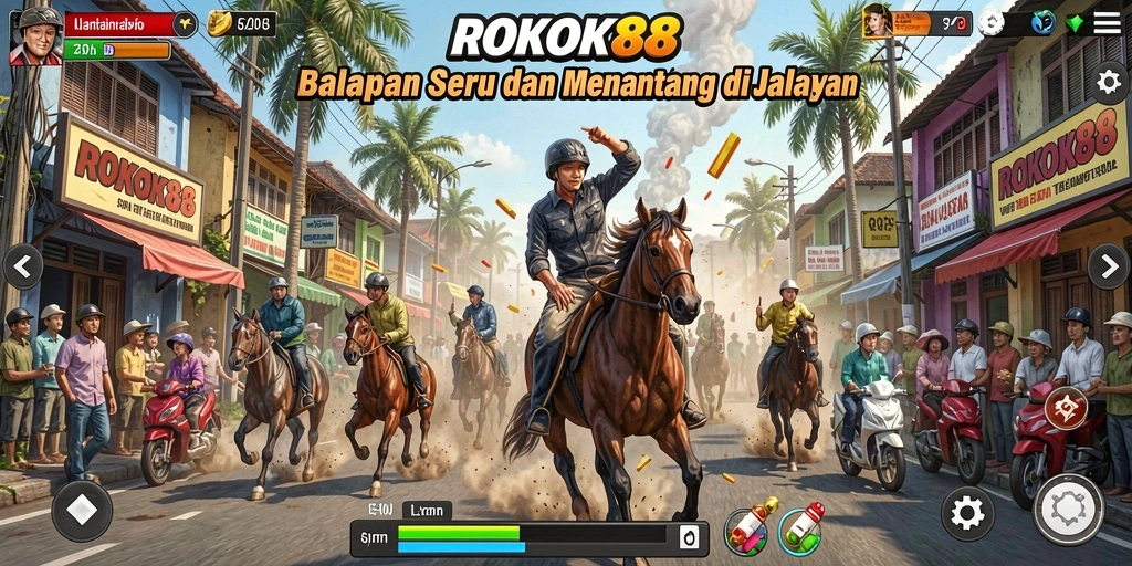 Tampilan gameplay ROKOK88 dengan balapan seru dan mobil beragam.