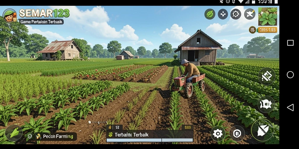 Tampilan gameplay SEMAR123 yang menarik dengan ladang subur dan hewan peliharaan.