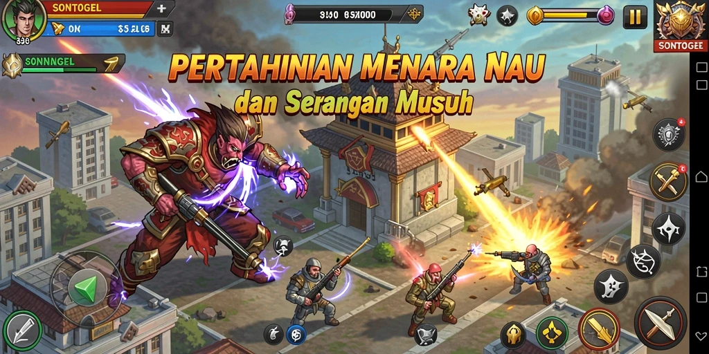 Tangkapan layar utama SONTOGEL menampilkan aksi menegangkan dalam mempertahankan menara.