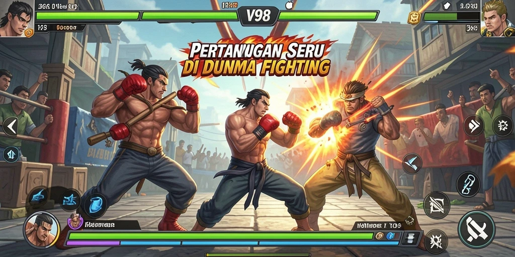 Tampilan seru saat karakter bertarung dalam V98 dengan grafis memukau.
