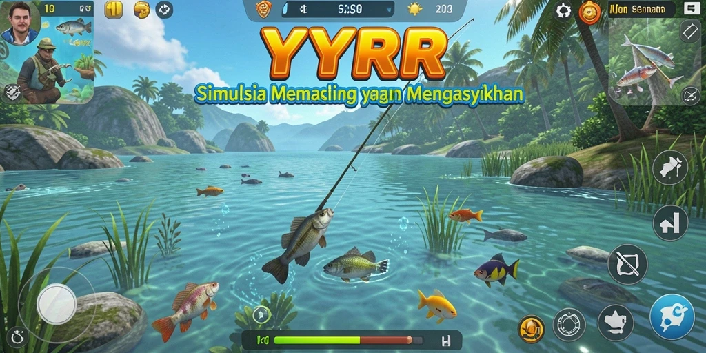 Tampilan gameplay YYRR saat memancing di danau yang indah.